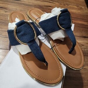 Liz Claiborne Navy Denim Ring-Detail Thong Sandals with Tan Footbed